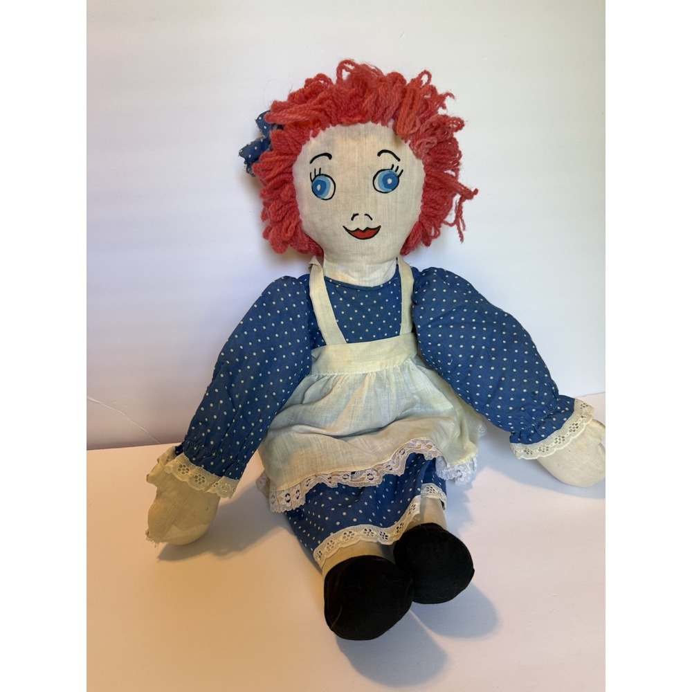 VTG Cloth Rag Doll Yarn Hair Blue Dress Soft Body painted face Raggedy Ann 26 in